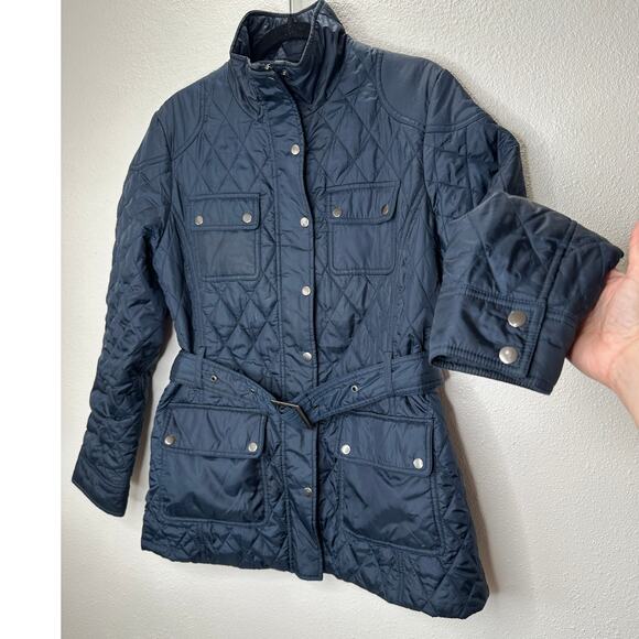 Banana Republic Navy Diamond Quilted Zip Belted Mock Neck Jacket L - Picture 1 of 14